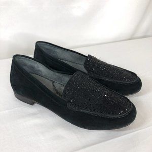 Volatile Black Leather Loafers Womens Shoes Size 7 Medium Flats Studs Rhinestone